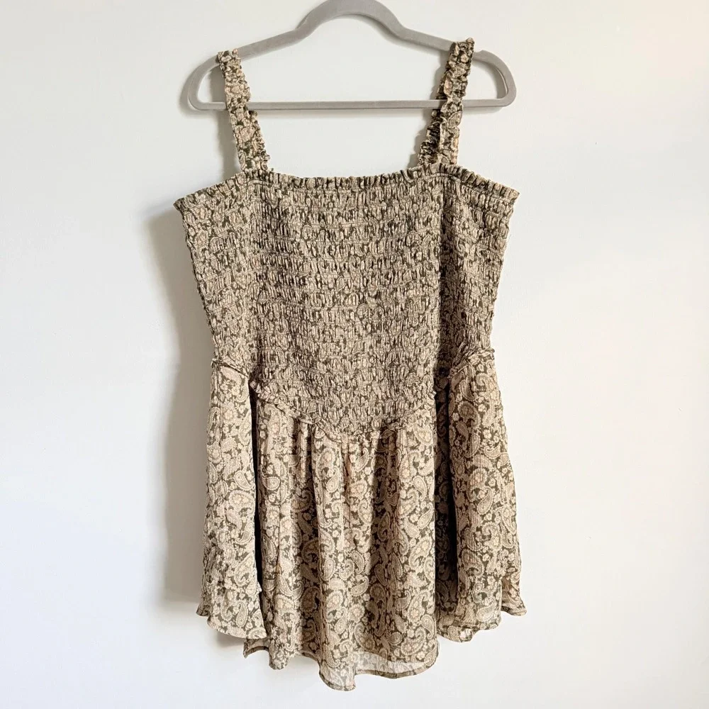 American Eagle Paisley Smocked‎ Mini Dress Olive Green Boho Ruffle XL